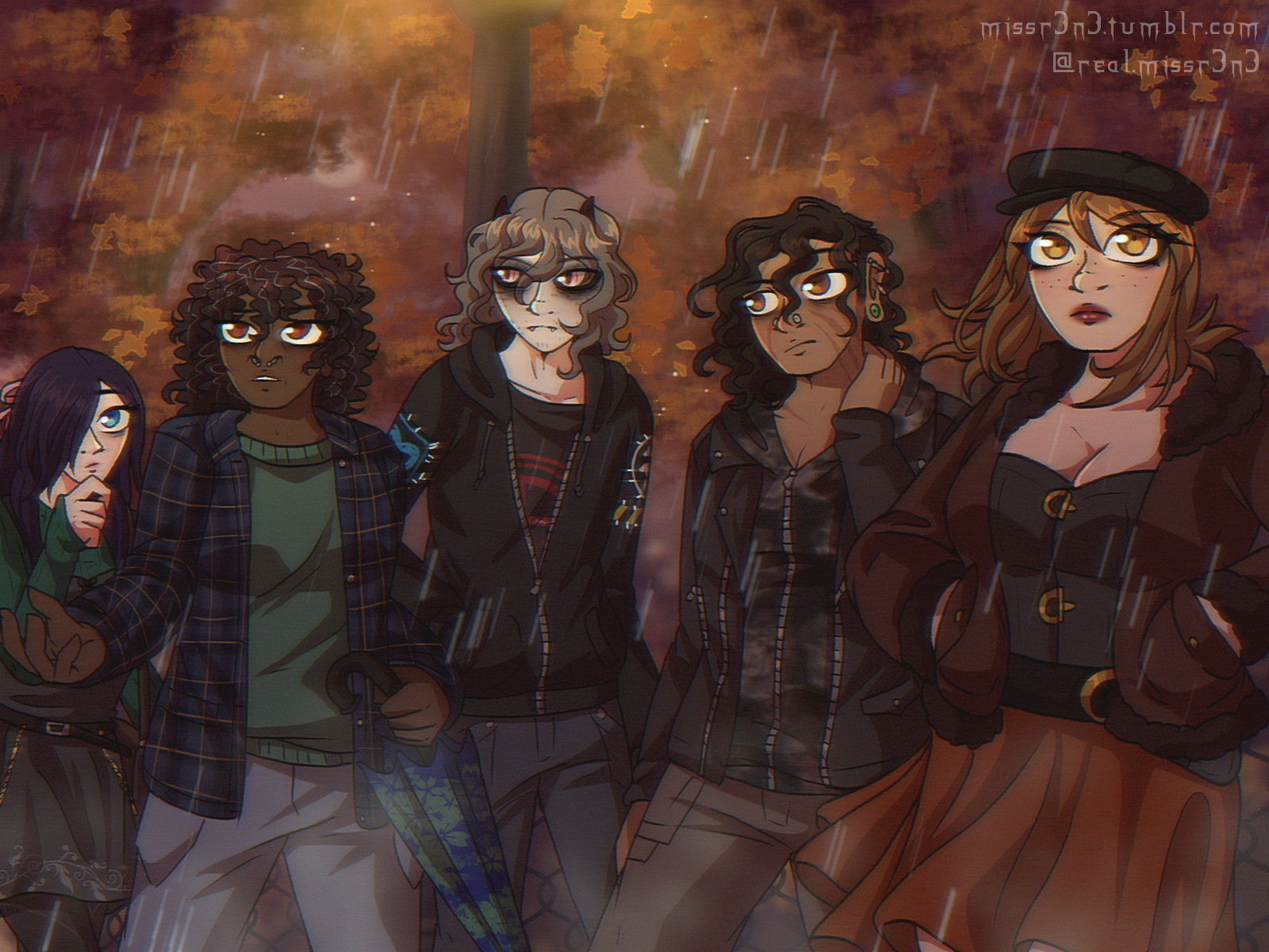 from left to right, madeline, jessie, joshua, isaac, and leah are walking down a city street, surrounded by trees with red and orange autumn leaves. a few raindrops are falling, which is catching the whole groups' attention. jessie is holding a closed umbrella and is holding her hand out to feel the rain